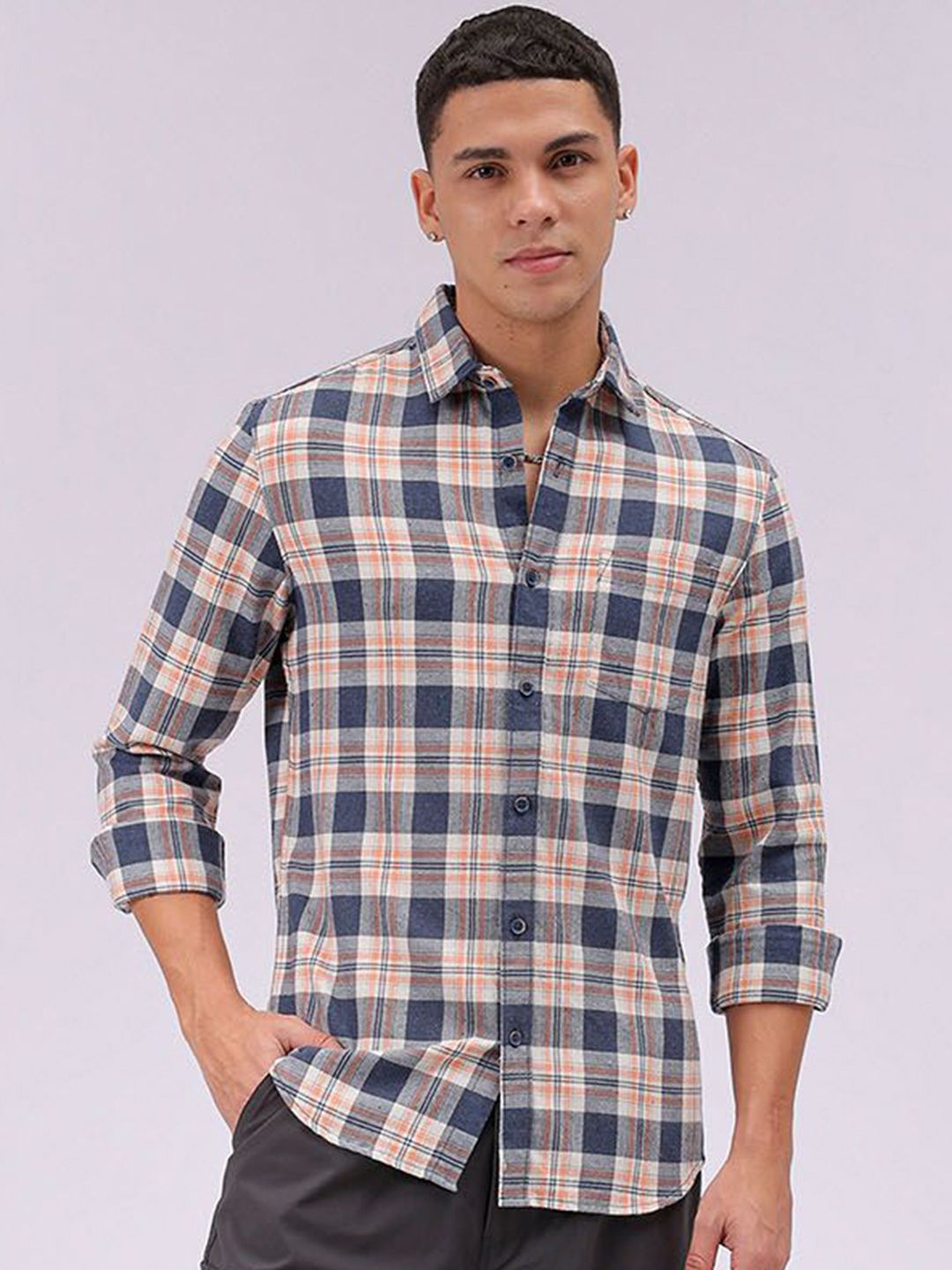 The Indian Garage Co Men Cutaway Collar Checked Cotton Slim Fit Casual Shirt