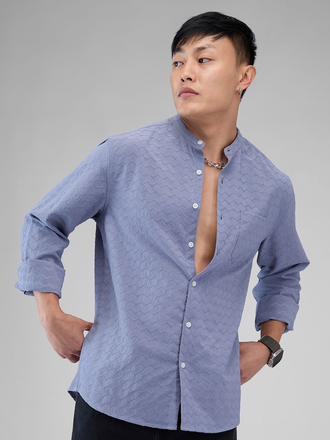 VASTRADO Men Classic Mandarin Collar Textured Casual Shirt