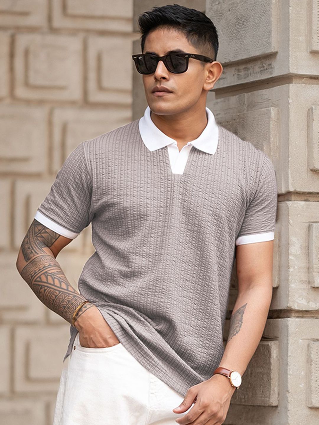 Powerlook Men Self Design Polo Collar Cotton T-shirt
