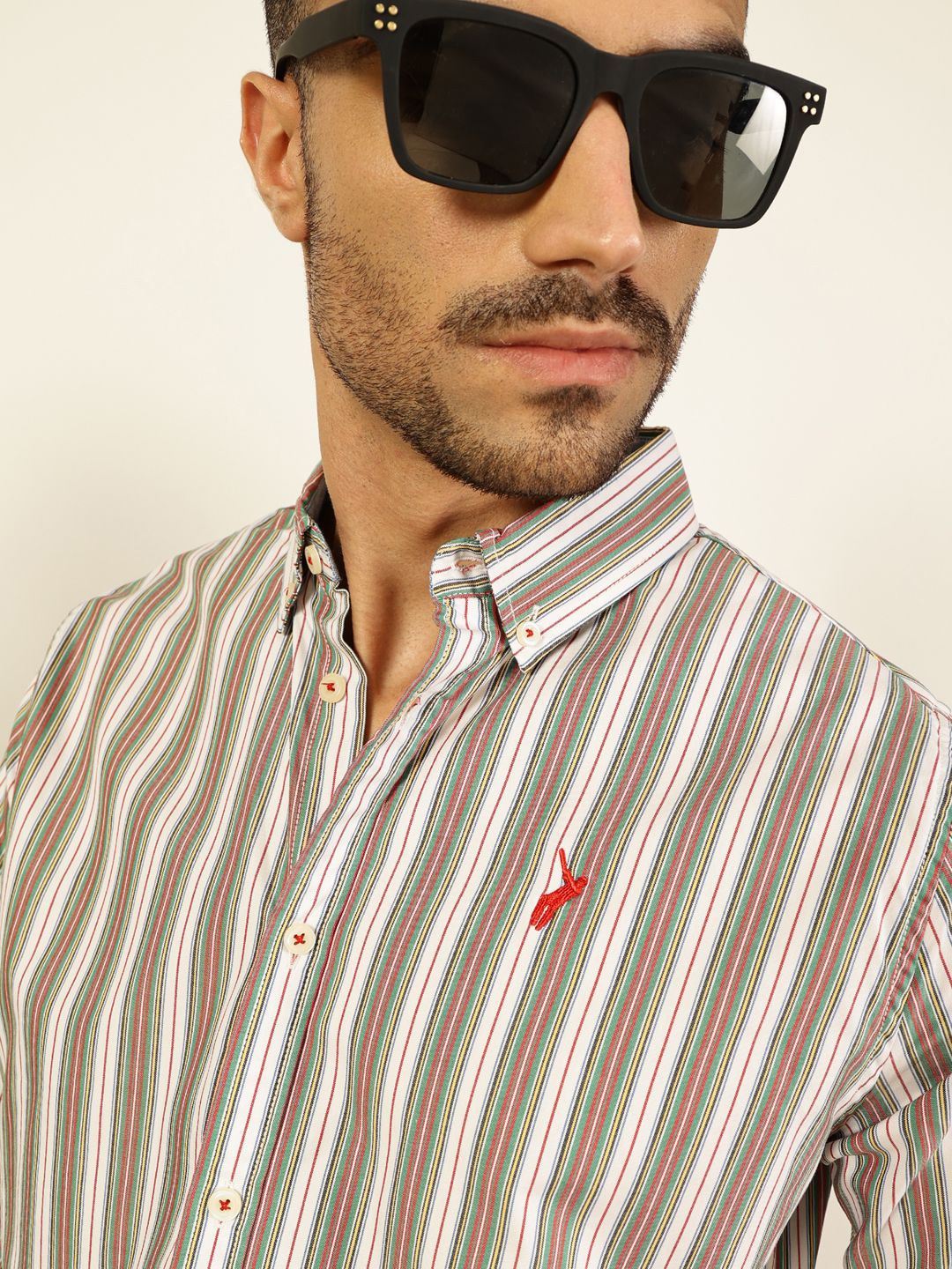 Thomas Scott Men Premium Spread Collar Multi Striped Cotton Slim Fit Casual Shirt