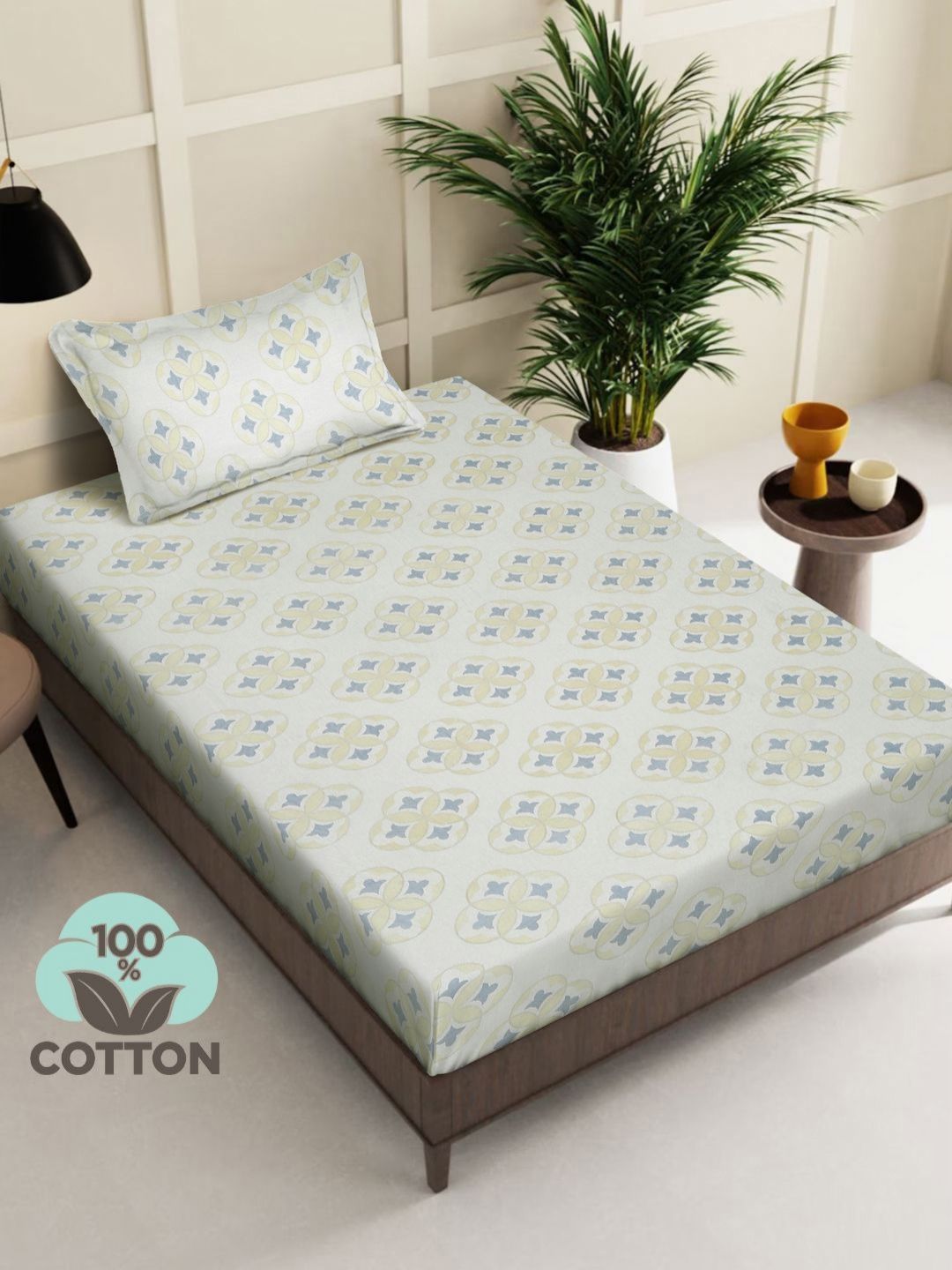 Myntra Elegant Homes Grey & Blue Geometric 400 TC Cotton Single Bedsheet with 1 Pillow Cover