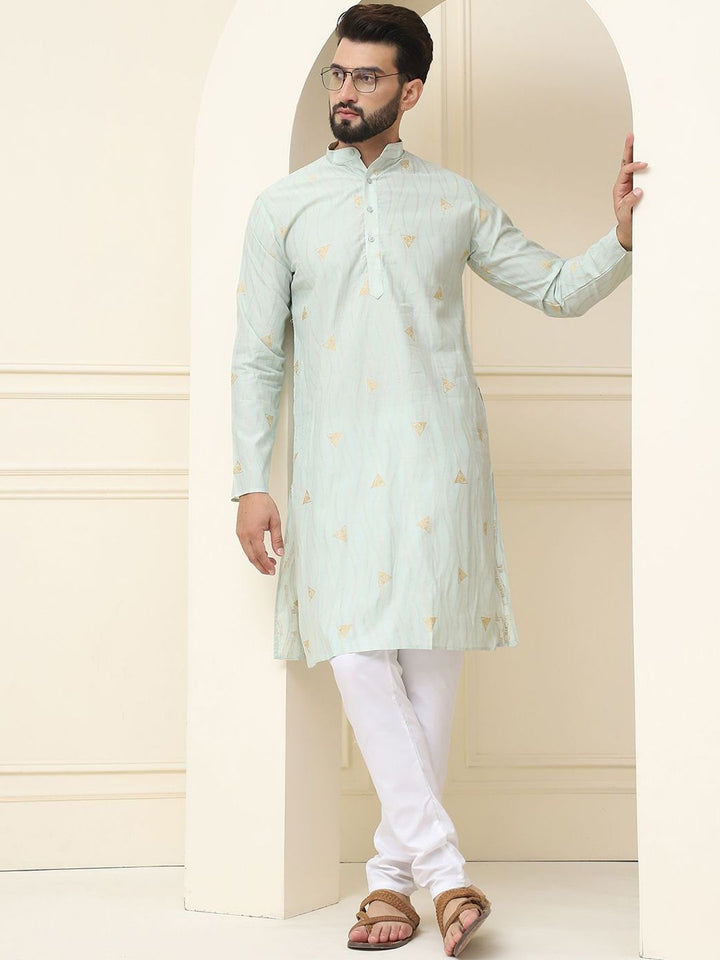 SOJANYA Geometric Woven Design Mandarin Collar Silk Cotton Straight Kurta dengan Piyama