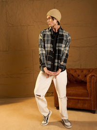 DENNISON Men Double Pocket Drop Shoulder Oversized Cotton Checked Shacket