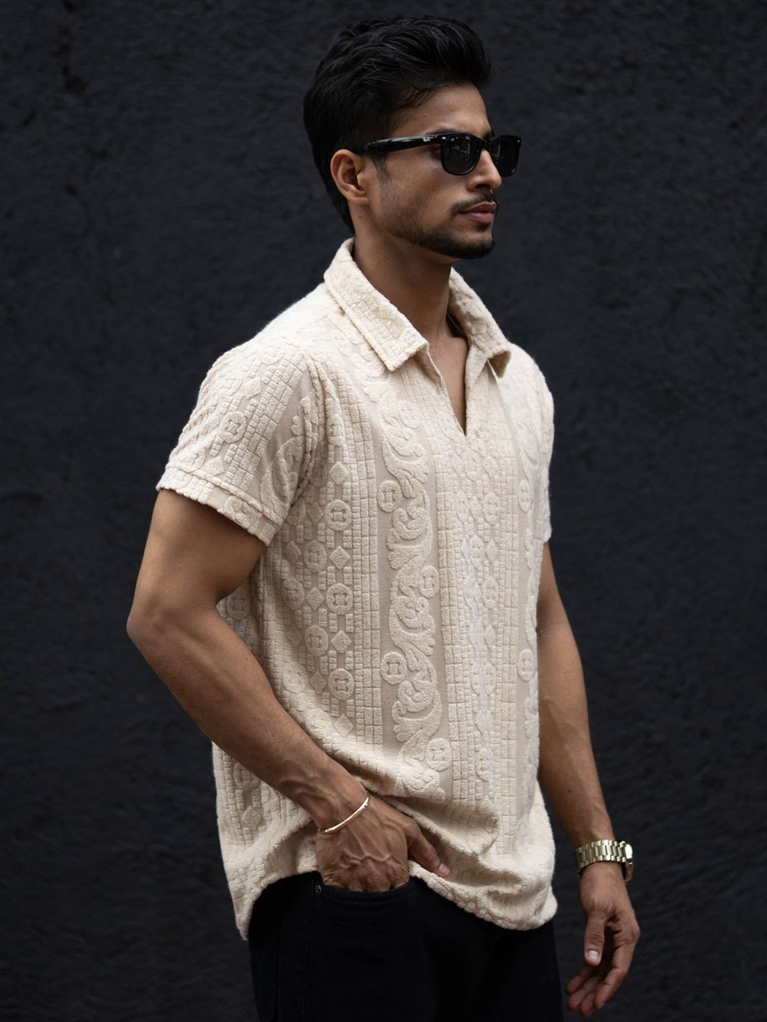 Powerlook Men Self Design Polo Collar T-shirt