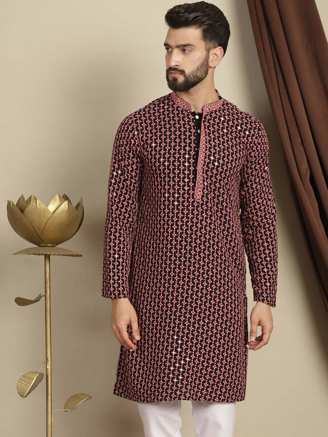 Anouk Coral Geometrik Sulam Mandarin Kolar Lengan Panjang Kurta Kapas Labuci