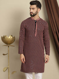 Anouk Coral Geometrik Sulam Mandarin Kolar Lengan Panjang Kurta Kapas Labuci