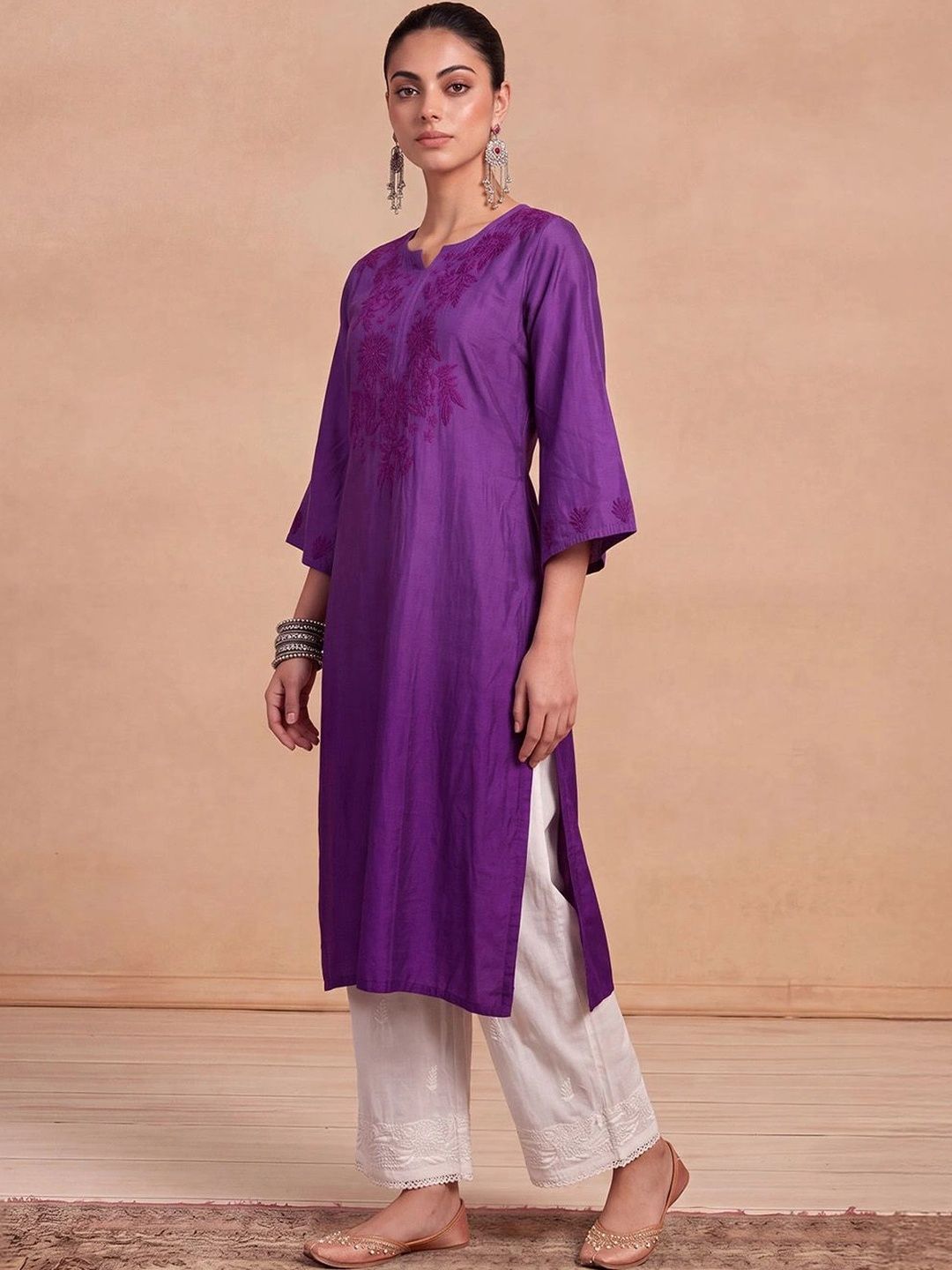 Rumah Wanita Chikankari Motif Etnik Sulam Benang Kerja Kurta Sutera Chanderi