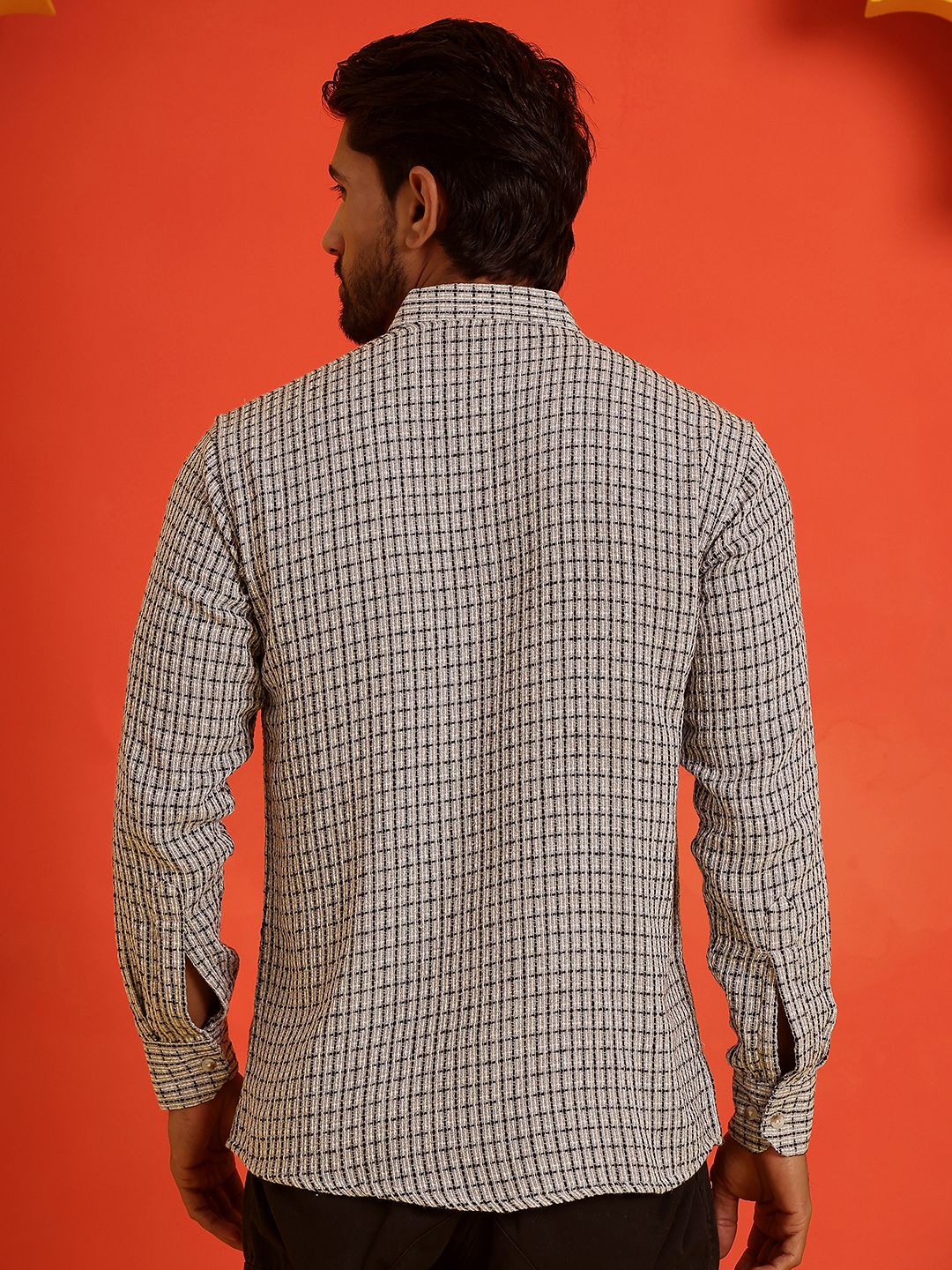 Jompers Checked Band Collar Long Roll-Up Sleeves Straight Kurta