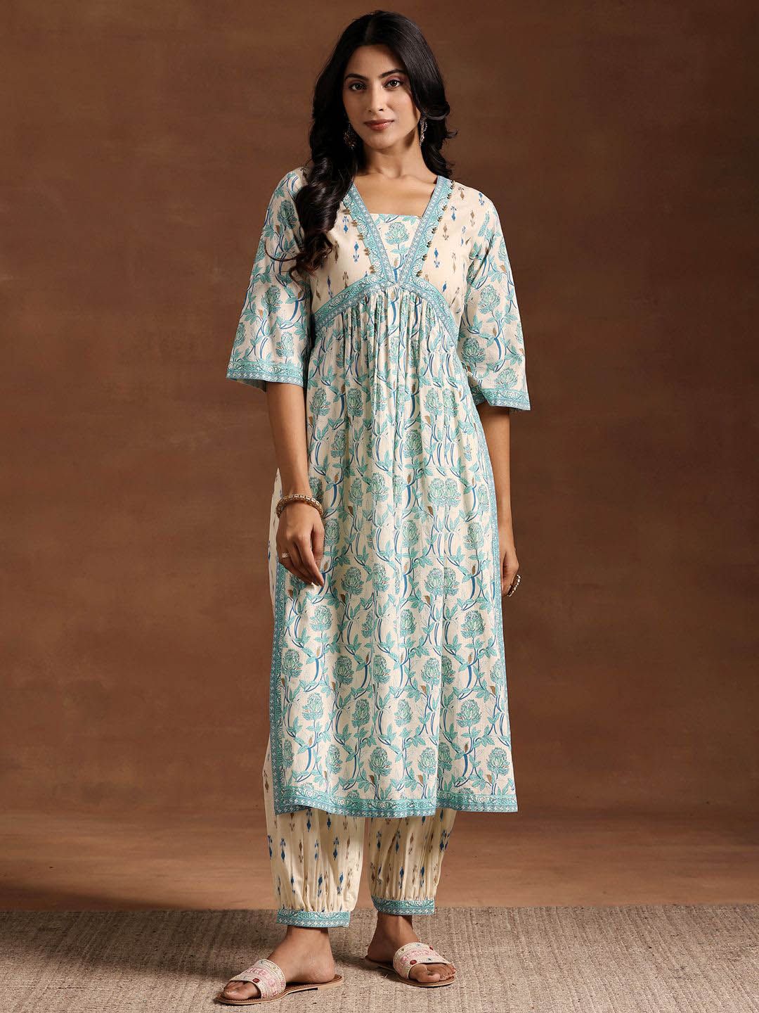 Libas Women Floral Printed Empire Beads and Stones Pure Cotton Kurta with Salwar