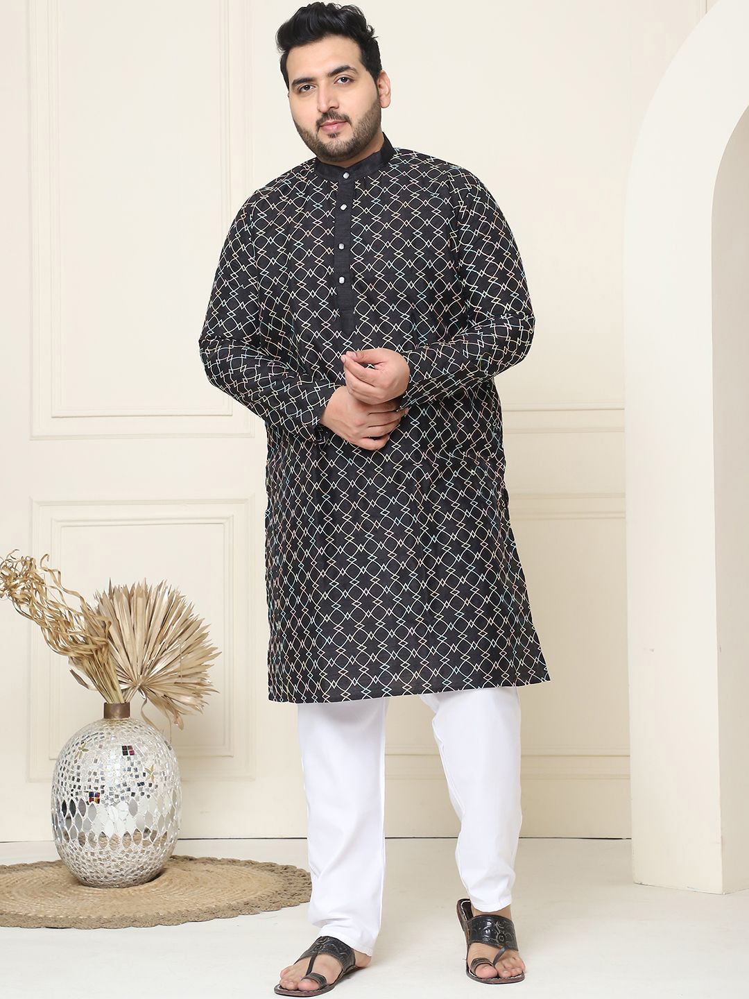 SOJANYA PLUS Geometrik Sulam Benang Kerja Sutera Kurta Lurus Kapas dengan Piyama