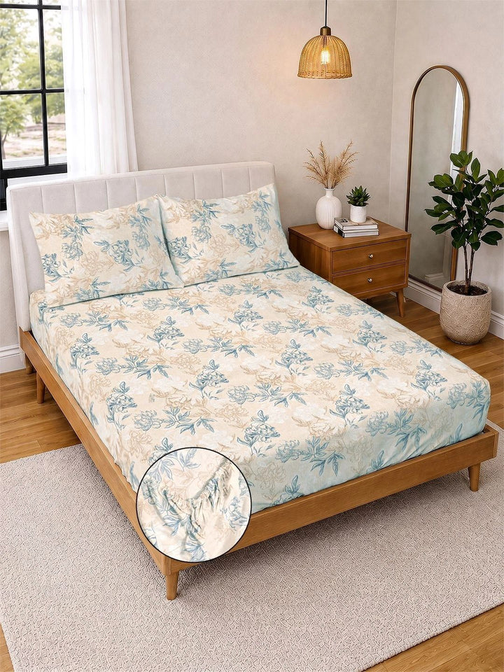 KLOTTHE Cream-Coloured & Blue Floral 300 TC King Bedsheet with 2 Pillow Covers