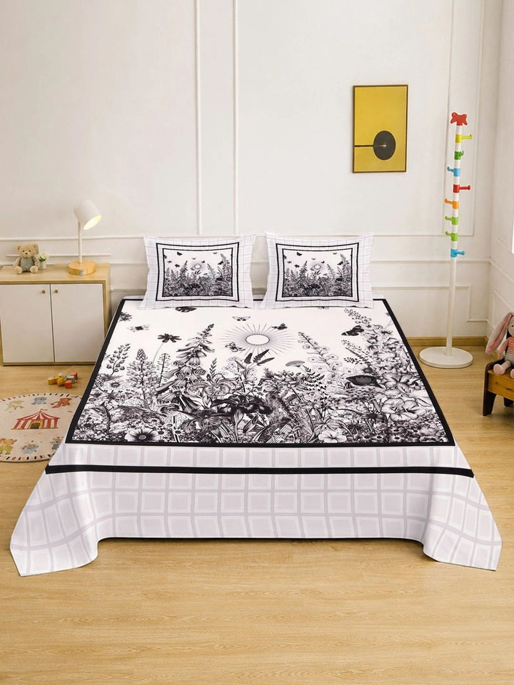 Myntra Elegant Homes White Floral 400 TC Cadar Katil King dengan 2 Sarung Bantal