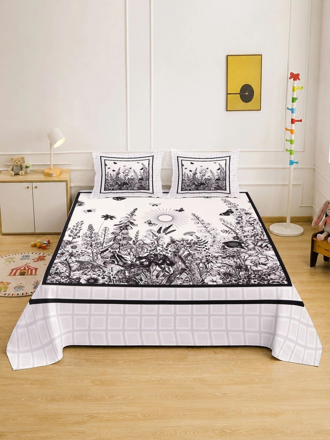 Myntra Elegant Homes White Floral 400 TC Cadar Katil King dengan 2 Sarung Bantal