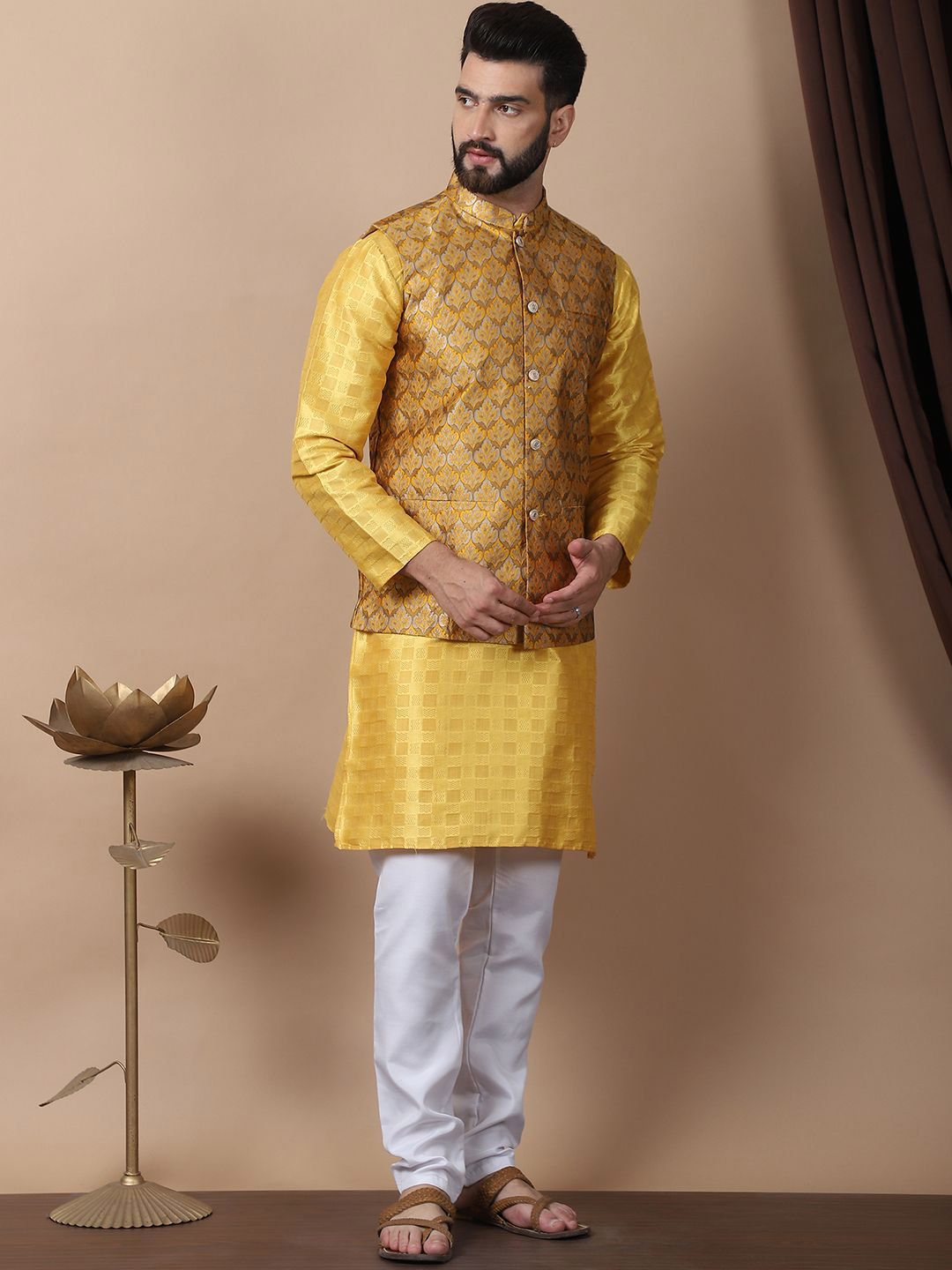 Anouk Yellow Geometric Printed Mandarin Collar Kurta with Churidar & Nehru Jacket