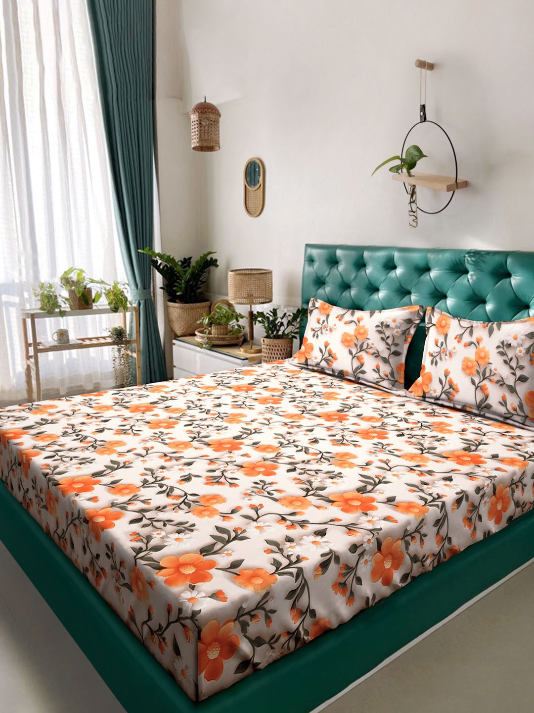 KLOTTHE Cream & Yellow Floral Printed Flat 300 TC King Double 7D Bedsheet & 2 Pillow Cover