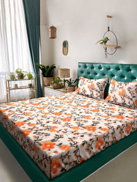 KLOTTHE Cream & Yellow Floral Printed Flat 300 TC King Double 7D Bedsheet & 2 Pillow Cover
