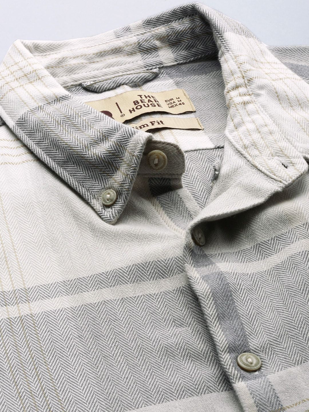THE BEAR HOUSE Men Grey Slim Fit Pure Cotton Checked Casual Shirt