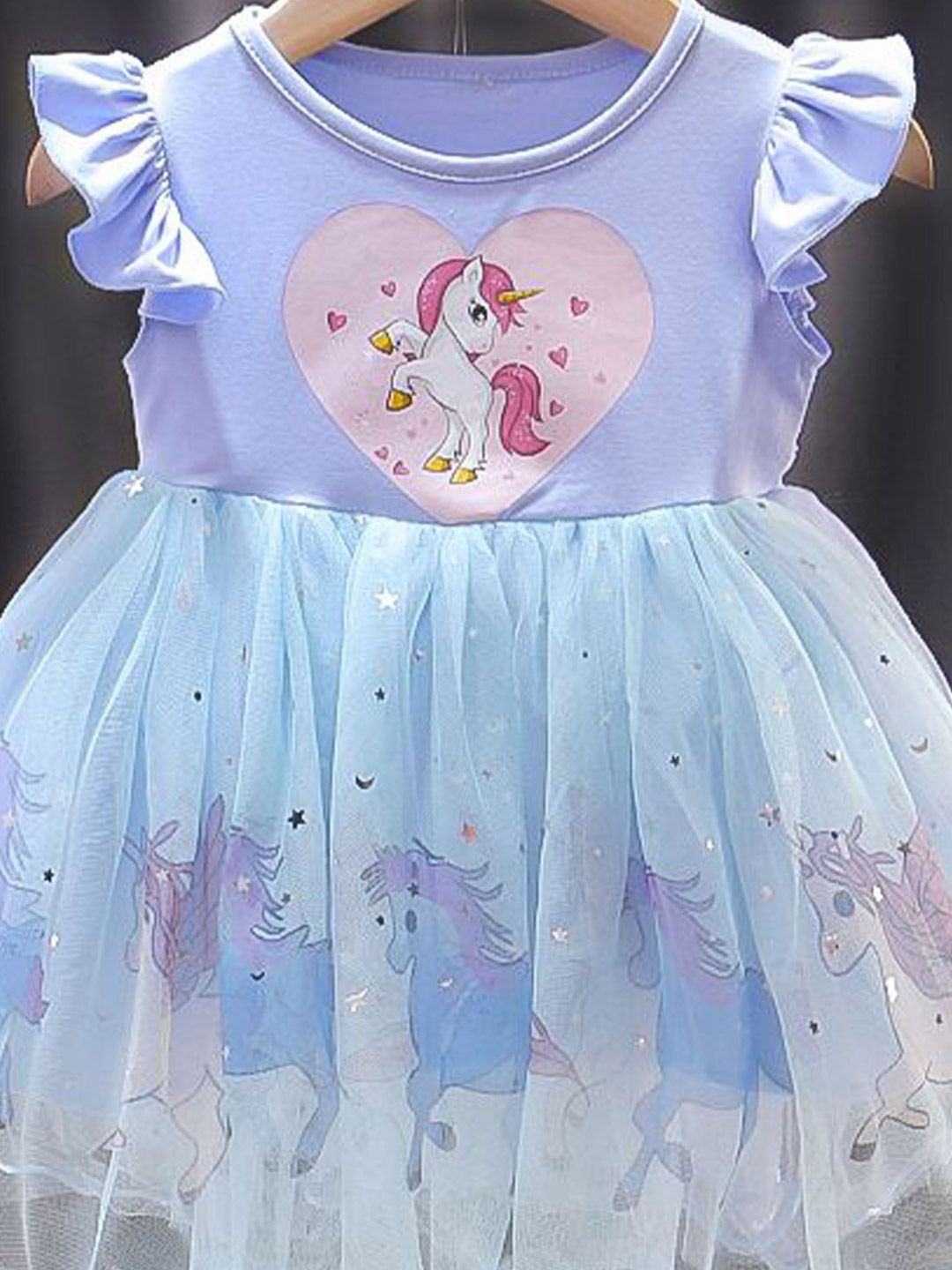 YK Girls Cotton Tulle Printed Flutter Sleeve Fit & Flare Dress