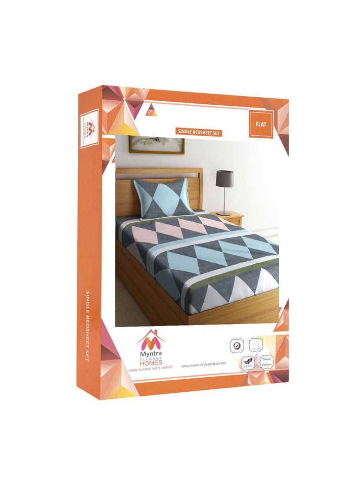 Myntra Elegant Homes Blue & Peach Printed 300 TC Single Bedsheet Set 2.25 m x 1.5 m