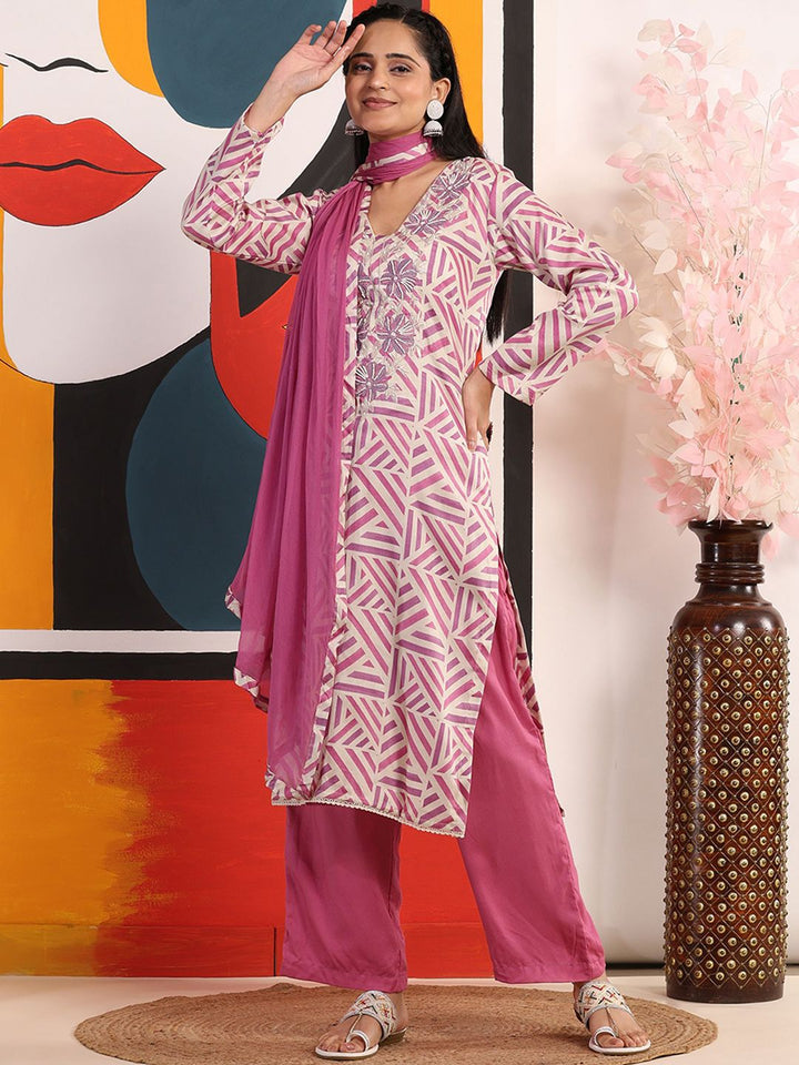 Mamicha Wanita Bercetak Kurta Kapas Tulen Biasa dengan Palazzos & Dengan Dupatta