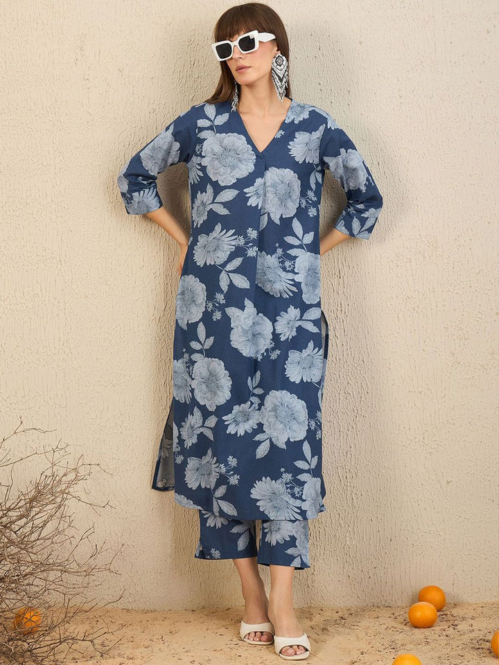 Indo Era Floral Printed Pleated V Neck Straight Kurta With Trousers