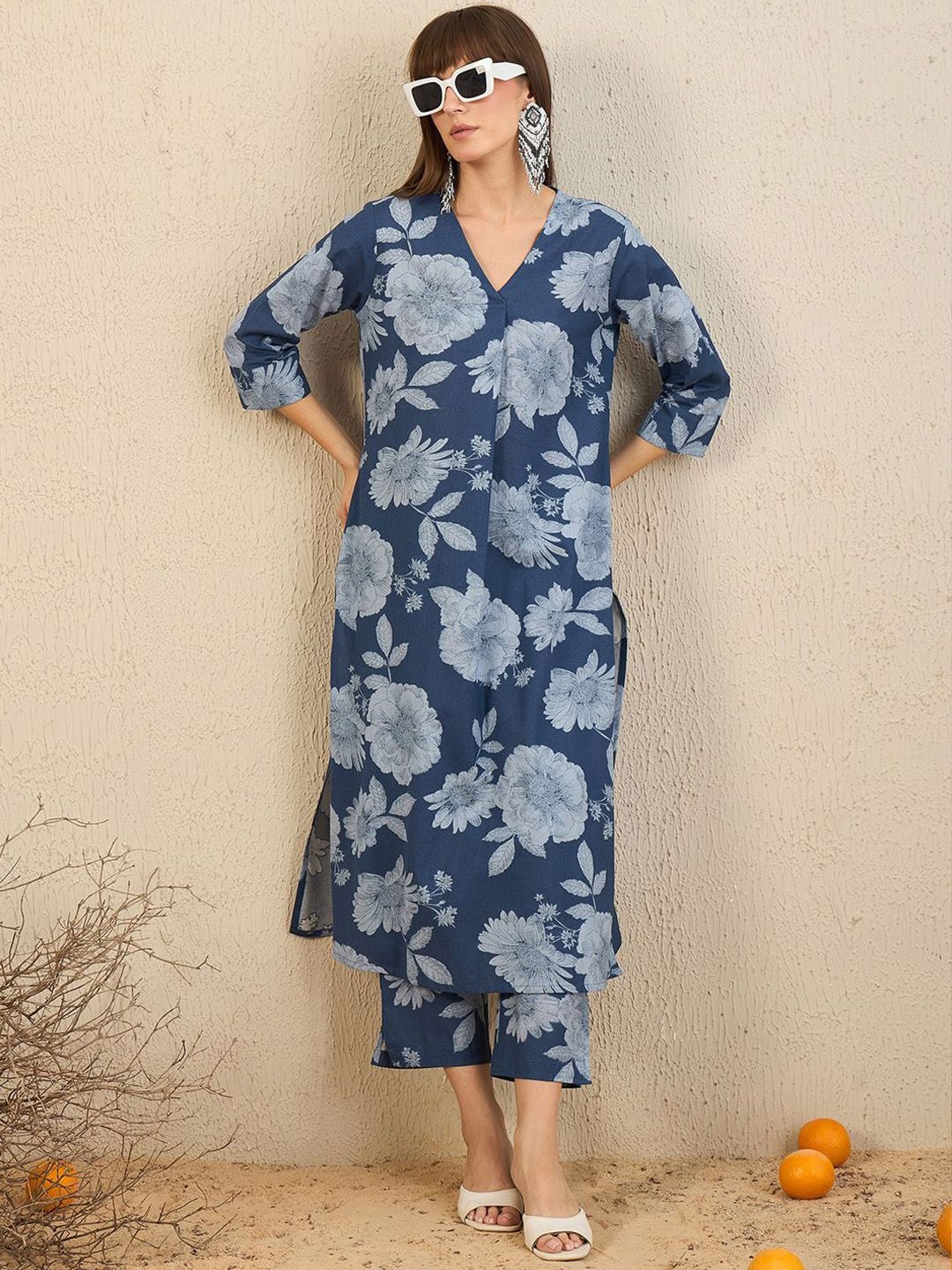 Indo Era Floral Printed Pleated V Neck Straight Kurta With Trousers