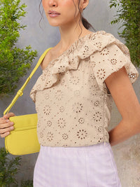 DressBerry Brunch Glamour One-Shoulder Schiffli Ruffled Top