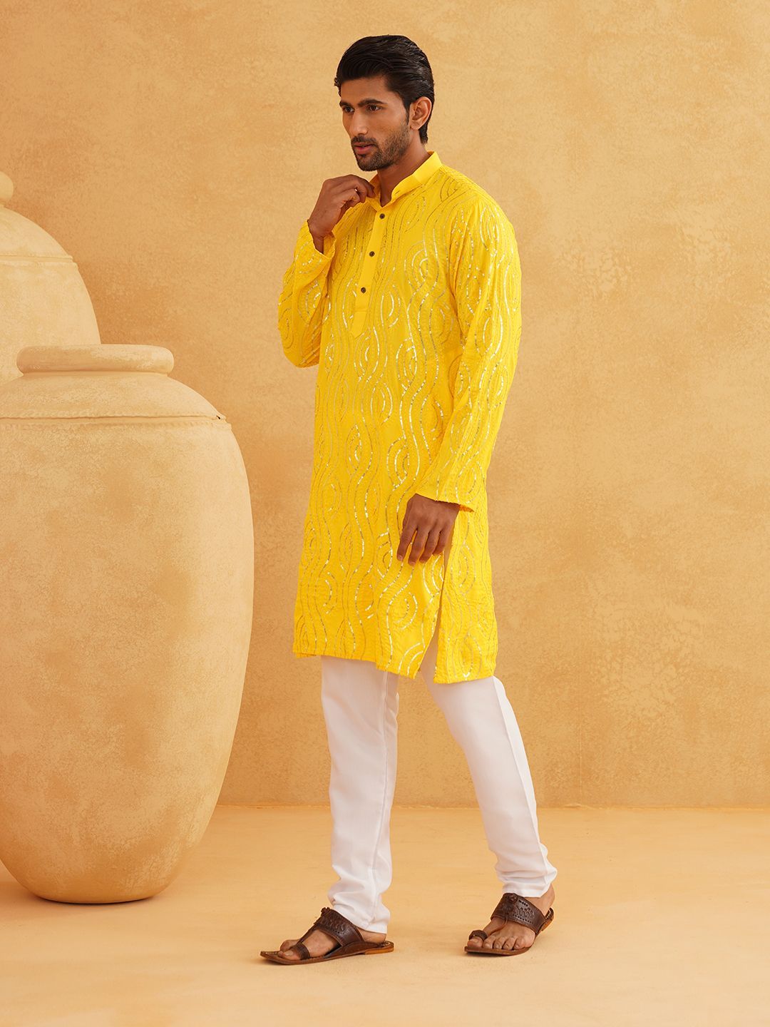 SOJANYA Leheriya Sequinned Band Collar Pure Cotton Straight Kurta With Churidar
