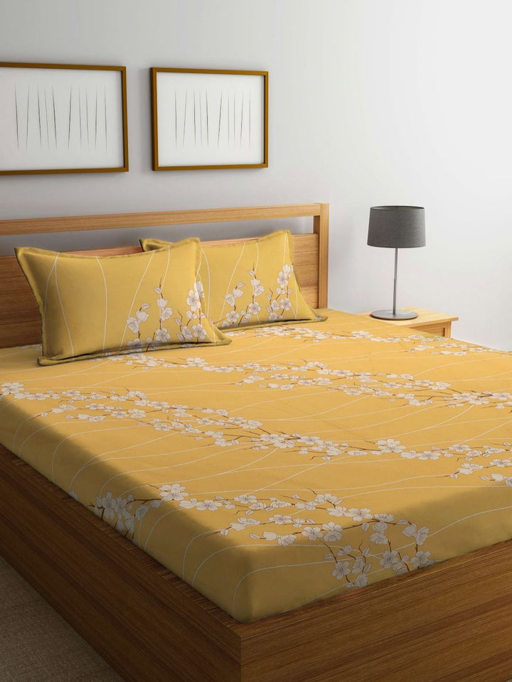 KLOTTHE Bercetak Bunga Kuning Dilengkapi 400 TC Kapas Cadar King & 2 Sarung Bantal