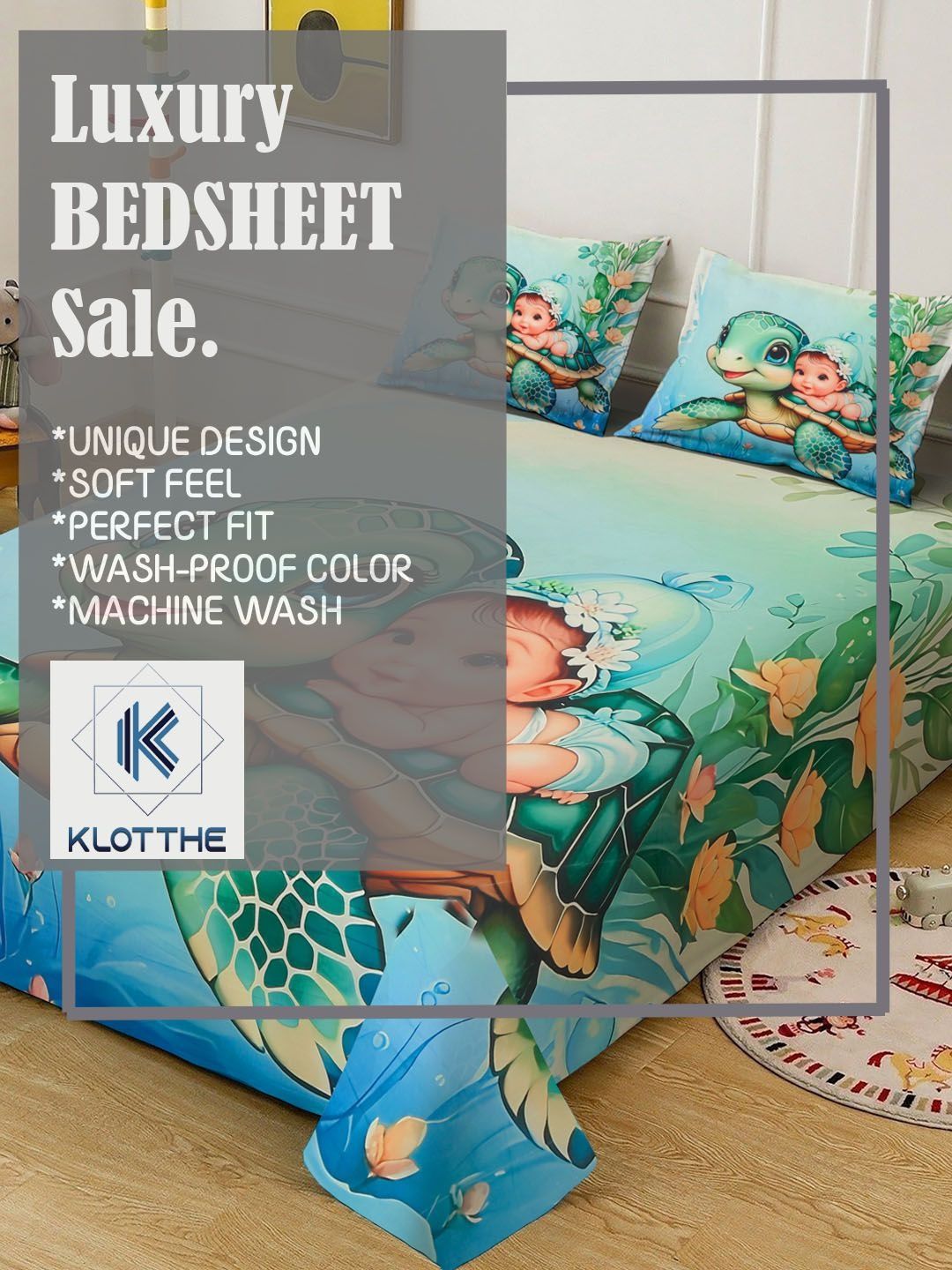 KLOTTHE Green Cartoon Printed Flat 300 TC Super King Cadar Dengan 2 Sarung Bantal