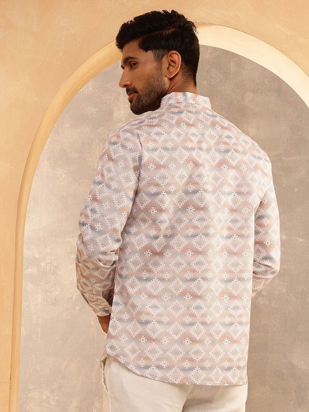 SOJANYA Geometric Printed Band Collar Cotton Linen Kurta Lurus