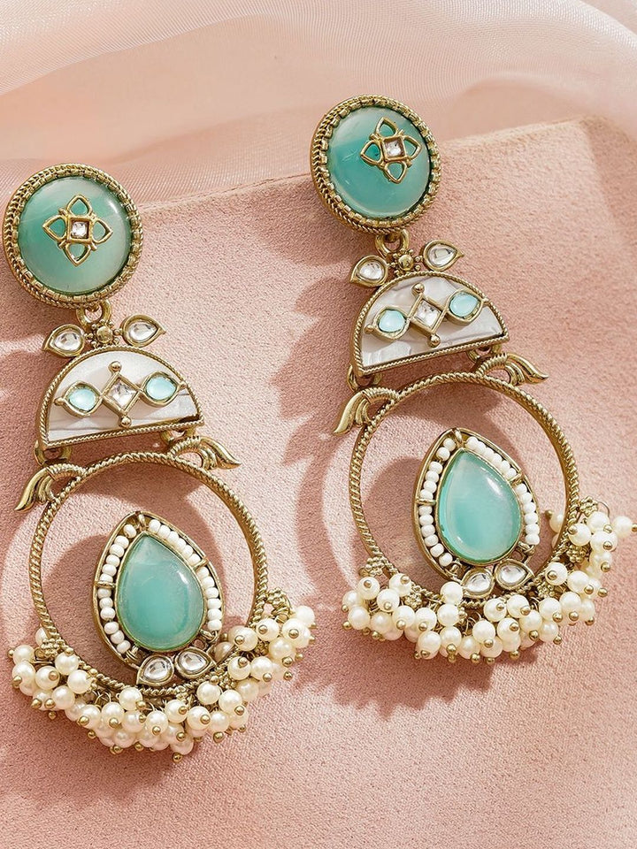 Rubans 22K Gold-Plated Stones Studded & Pearls Beaded Enamelled Circular Drop Earrings