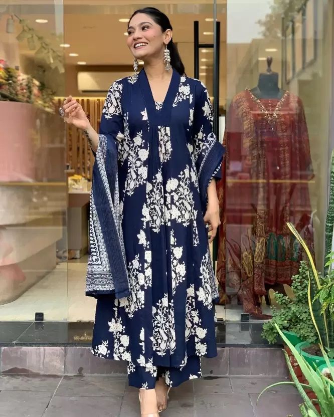 KALINI Floral Printed V-Neck Pleated A-Line Kurta With Trouser And Dupatta