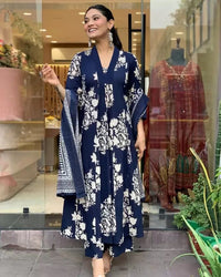 KALINI Floral Printed V-Neck Pleated A-Line Kurta With Trouser And Dupatta