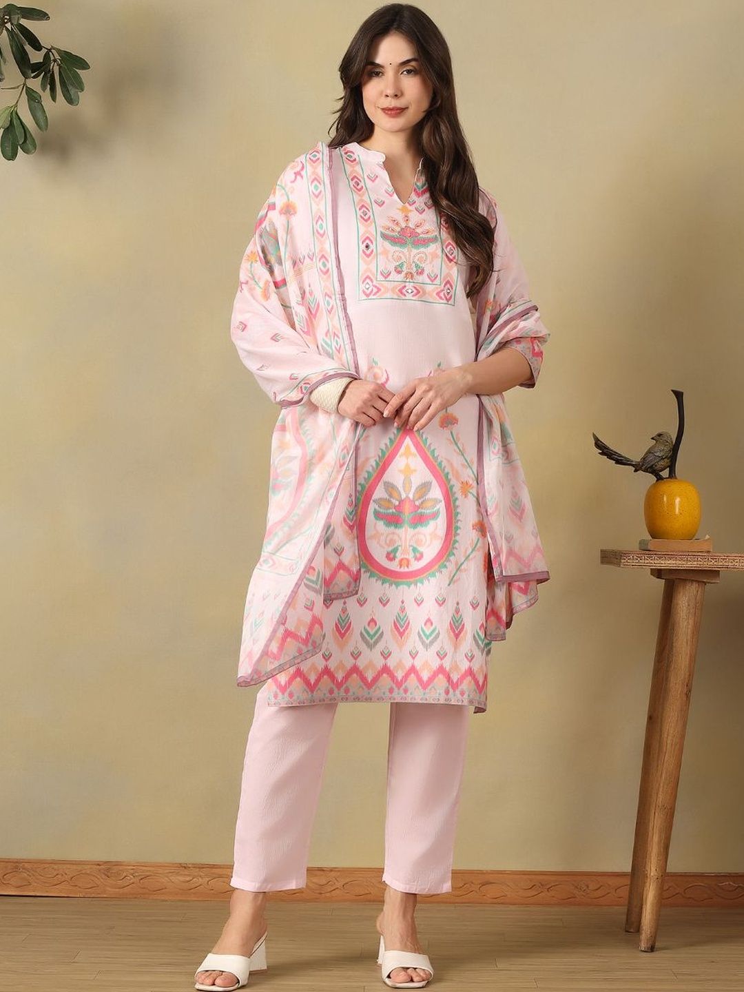 Mamicha Women Ethnic Motifs Printed Regular Pure Cotton Kurta with Trousers & With Dupatta