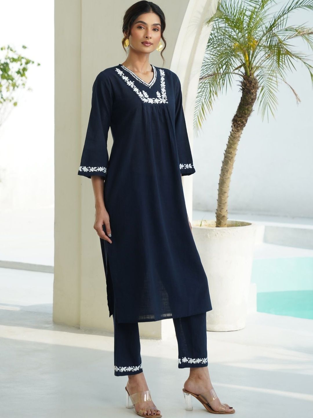House of Chikankari Women 2 Pieces Regular Pure Cotton Kurta with Trousers Set