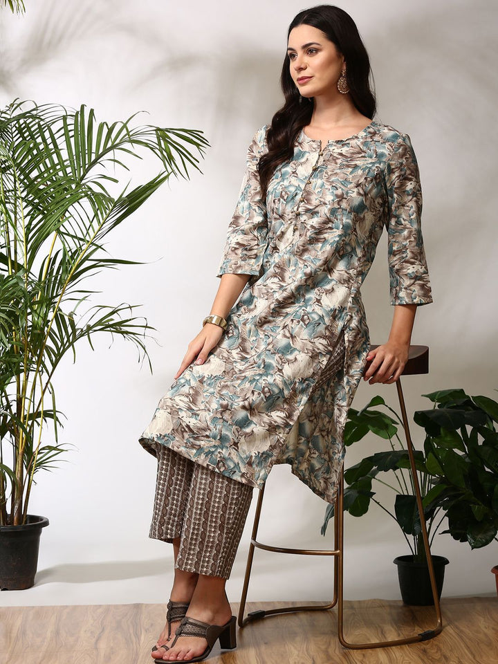 Anouk Floral Printed Regular Straight Kurta with Trousers
