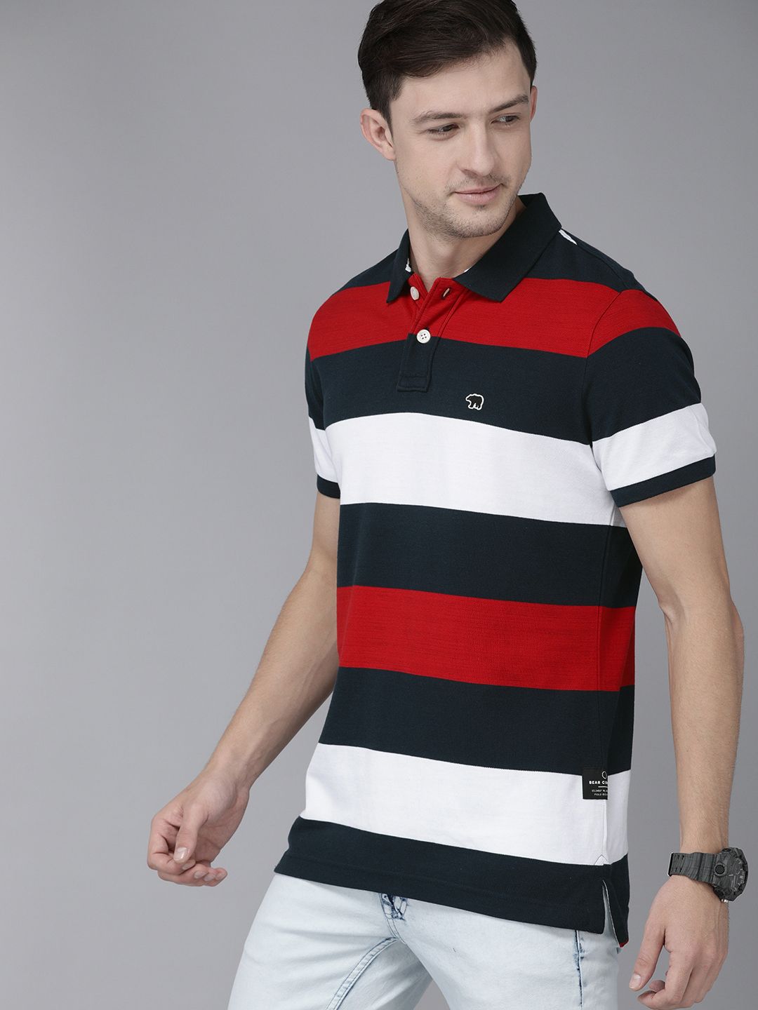 THE BEAR HOUSE Men Navy Blue  & White Striped Polo Collar Slim Fit Pure Cotton T-shirt