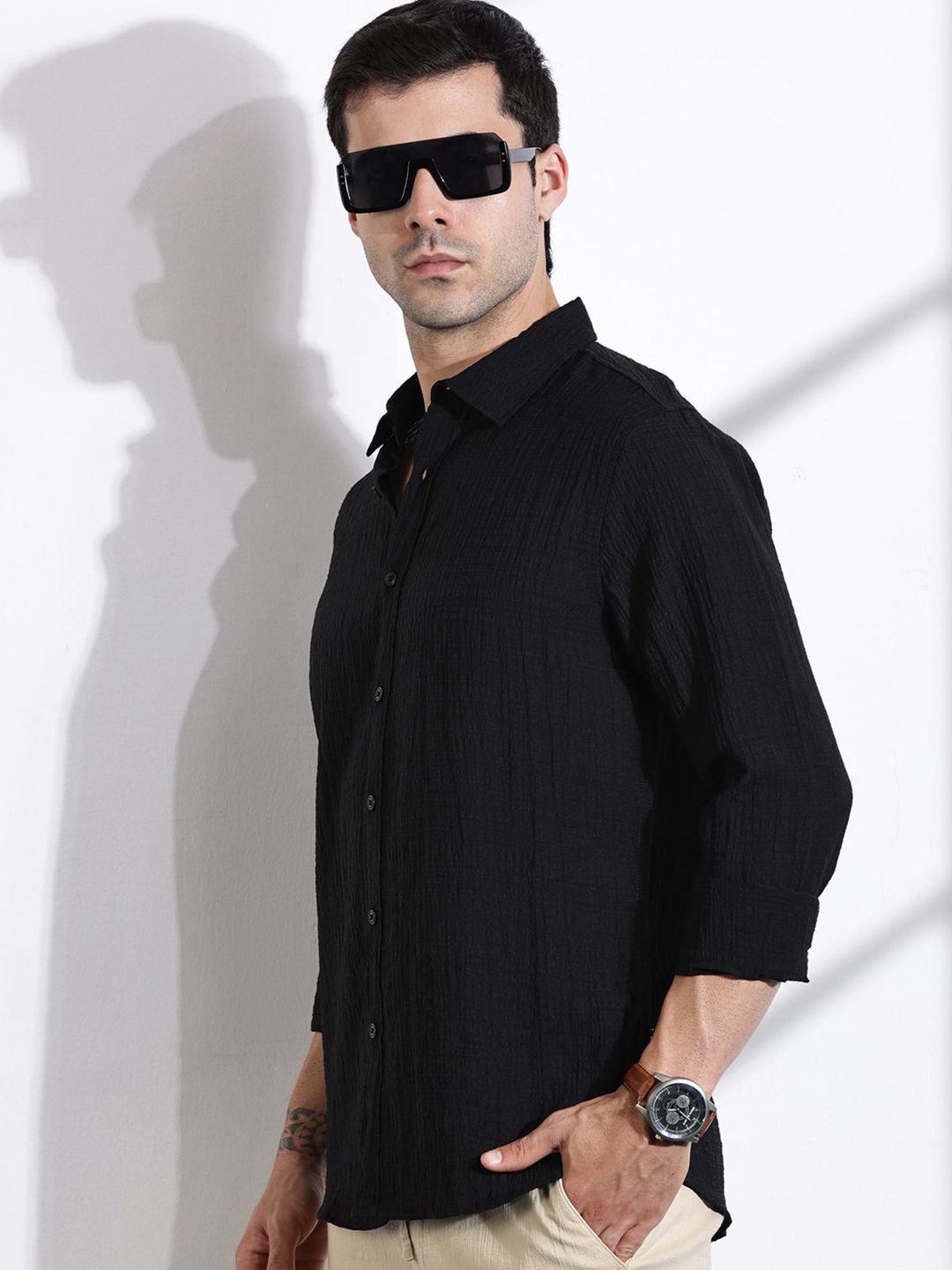 Thomas Scott Men Classic Slim Fit Spread Collar Textured Casual Shirt