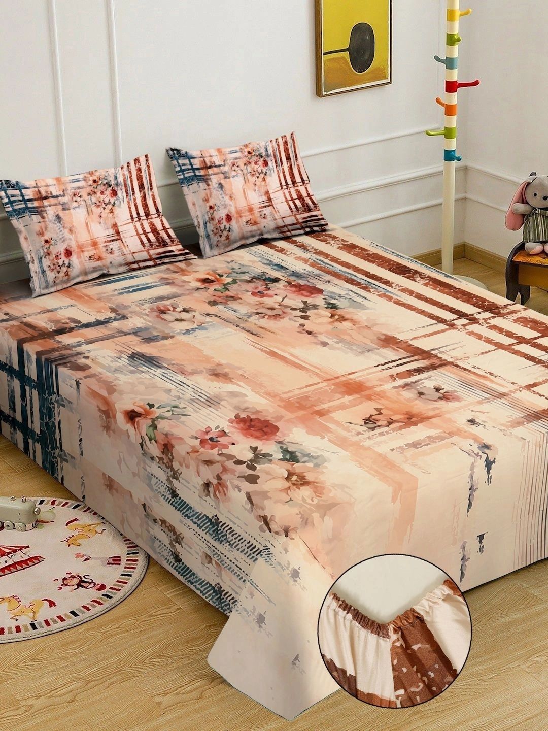 Myntra Elegant Homes Beige & Brown Floral 300 TC Cadar Katil King dengan 2 Sarung Bantal