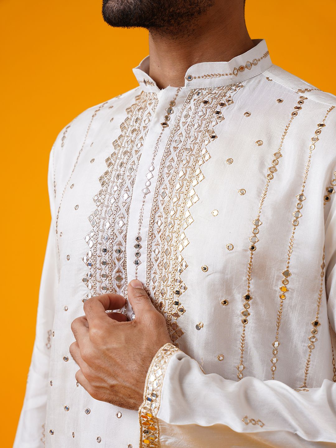 SOJANYA LUXE Geometric Embroidered Mandarin Collar Pure Silk Straight Kurta With Trouser