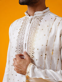 SOJANYA LUXE Geometric Embroidered Mandarin Collar Pure Silk Straight Kurta With Trouser