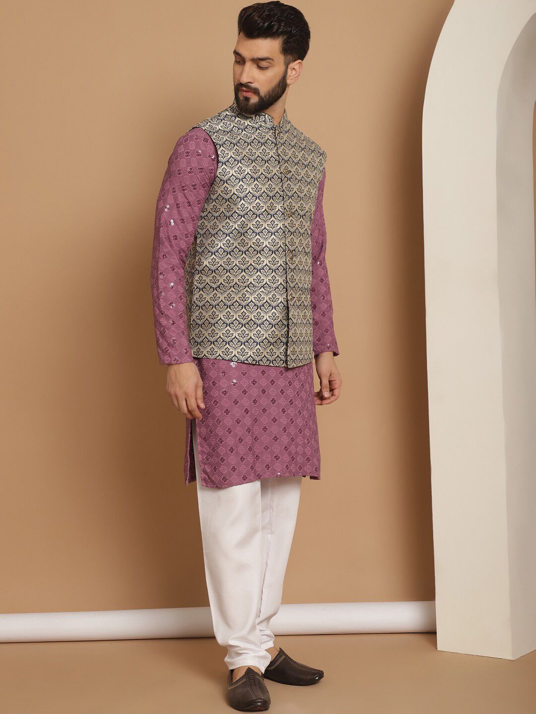 Anouk Geometic Embroidered Kurta With Churidar & Woven Design Nehru Jacket