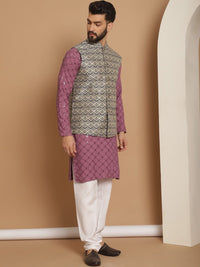 Anouk Geometic Embroidered Kurta With Churidar & Woven Design Nehru Jacket