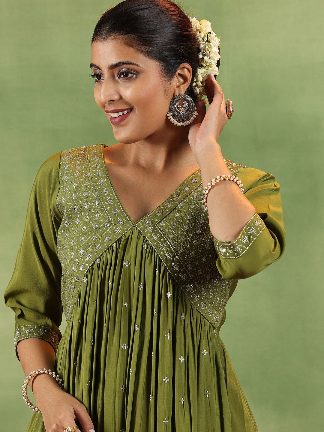 Libas Floral Embroidered V-Neck A-Line Kurta With Trousers
