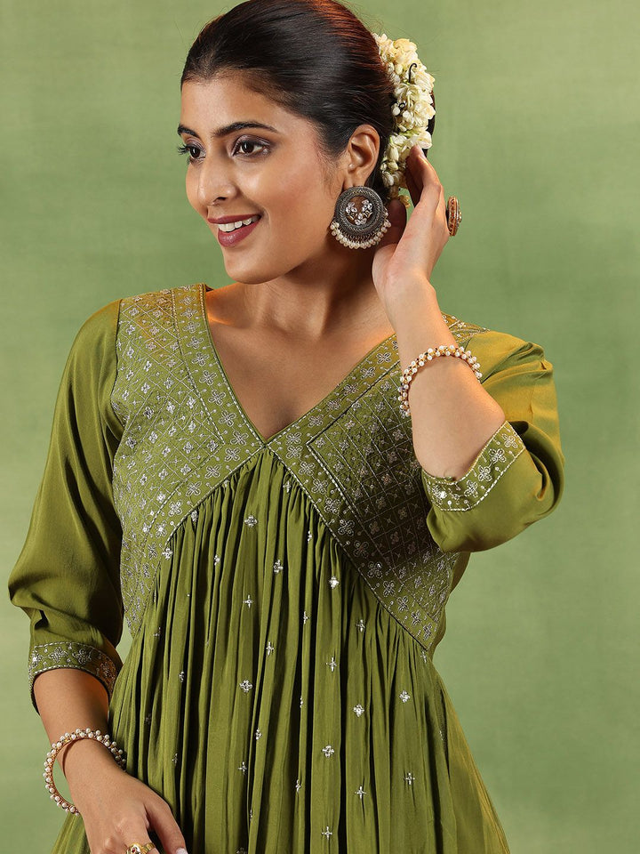 Libas Floral Embroidered V-Neck A-Line Kurta With Trousers