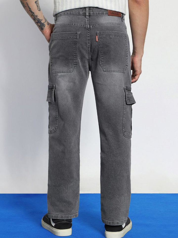 Urbano Fashion Men's Light Grey Regular Fit Washed Cargo Jeans With 6 Pockets Stretchable