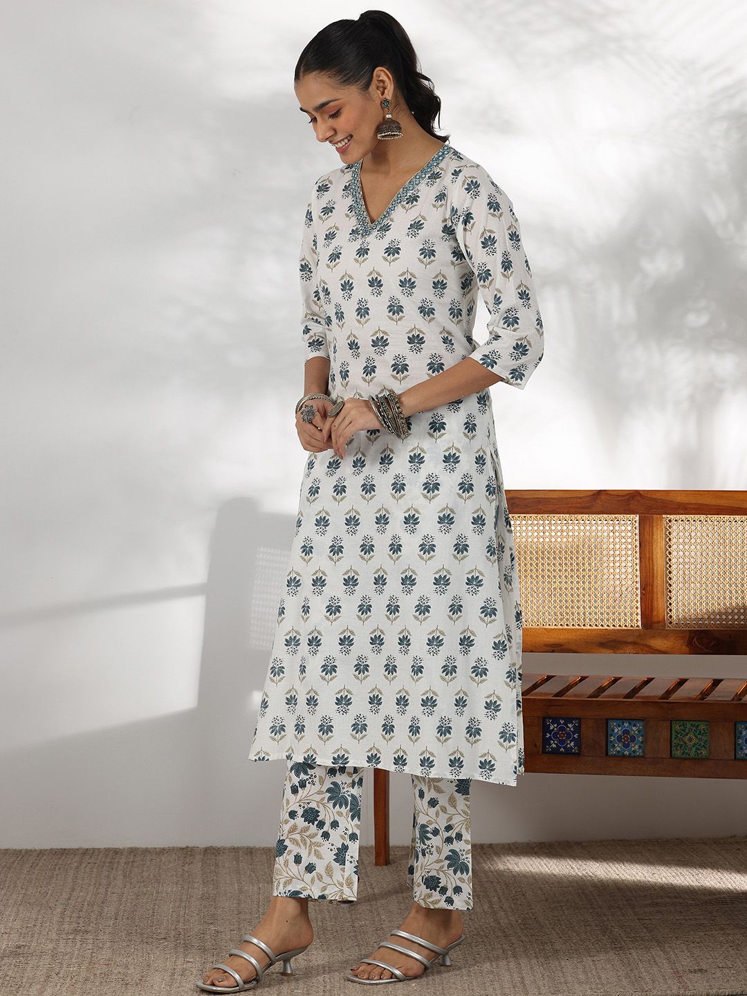 Libas Floral Printed Mirror Work V-Neck Pure Cotton Straight Kurta with Palazzo & Dupatta