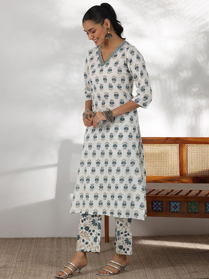 Libas Floral Printed Mirror Work V-Neck Pure Cotton Straight Kurta with Palazzo & Dupatta