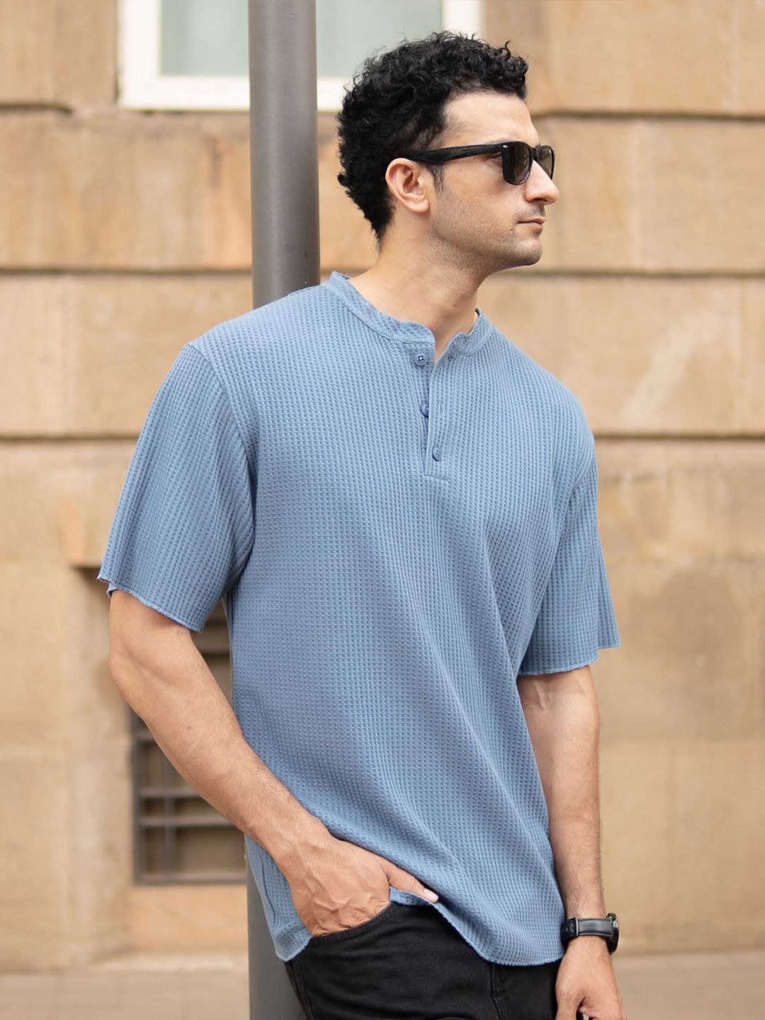 Powerlook SS25 Oversized Typography Printed Structure Knit Henley Neck T-Shirt